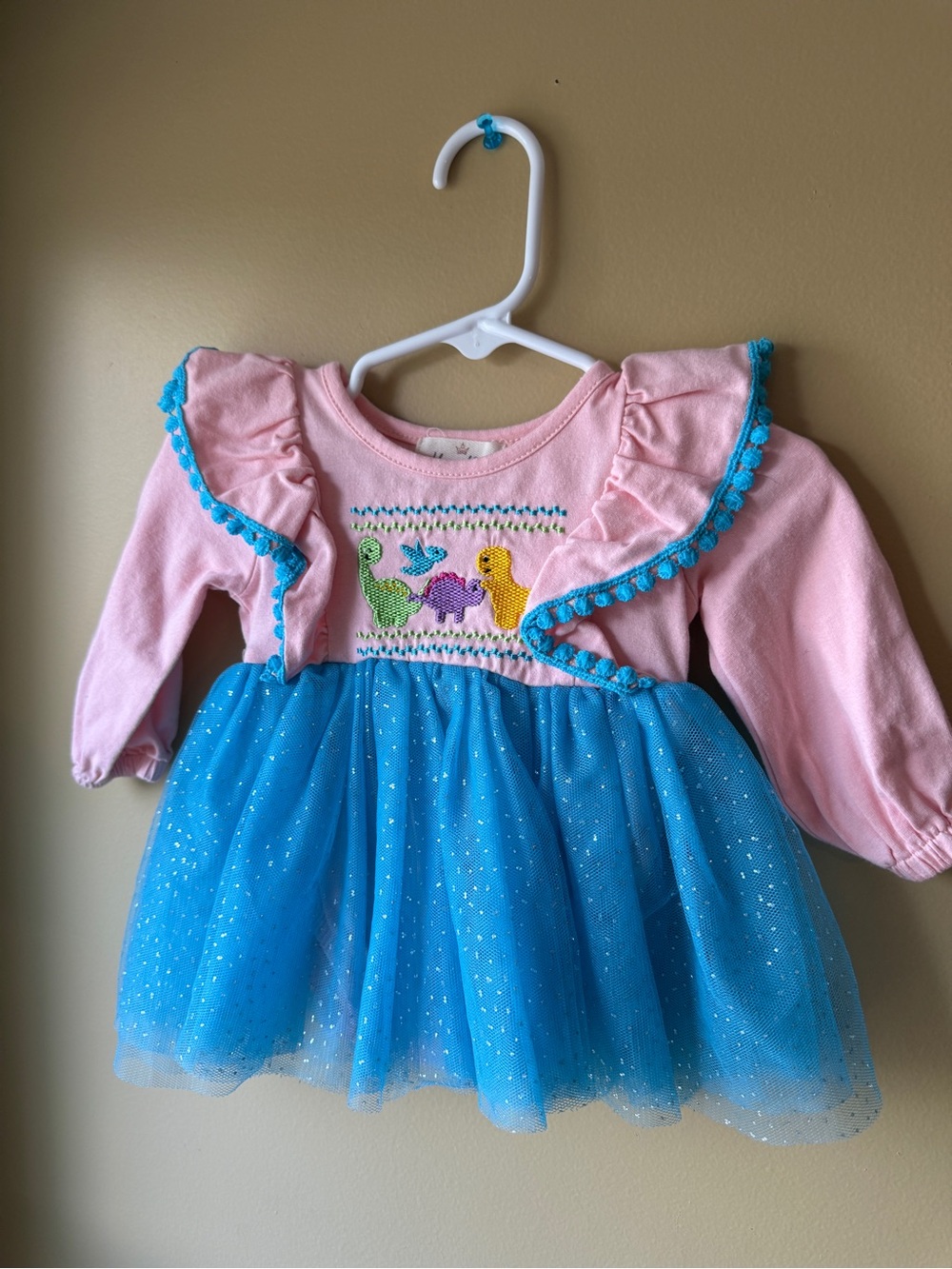 Pink & Blue Tulle Dino Smocked Dress 0-3 months